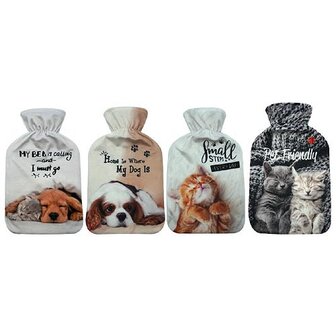 warmwaterkruik - kruik met hoes - hond en kat - spreuk - 2 liter